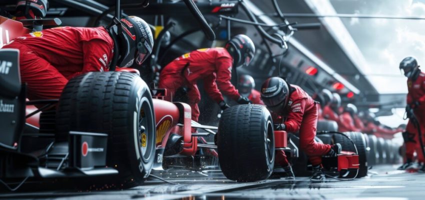 Pit crews in action required to quickly change tires in a Formula 1 pit lane