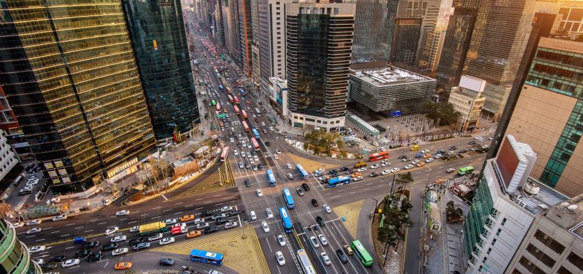 Traffic speeds through an intersection in Gangnam, Seoul in South Korea.